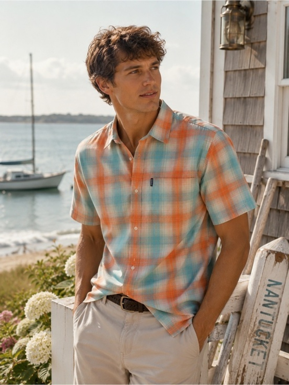 Patagonia Medium Teal Orange Plaid Short Sleeve Shirt Coastal Preppy Summer